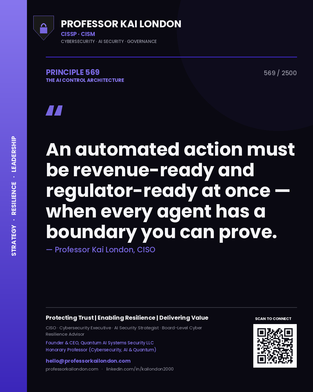 Quote card by Professor Kai London reading 'An automated action must be revenue-ready and regulator-ready at once — when every agent has a boundary you can prove.'. From the book The AI Control Architecture.