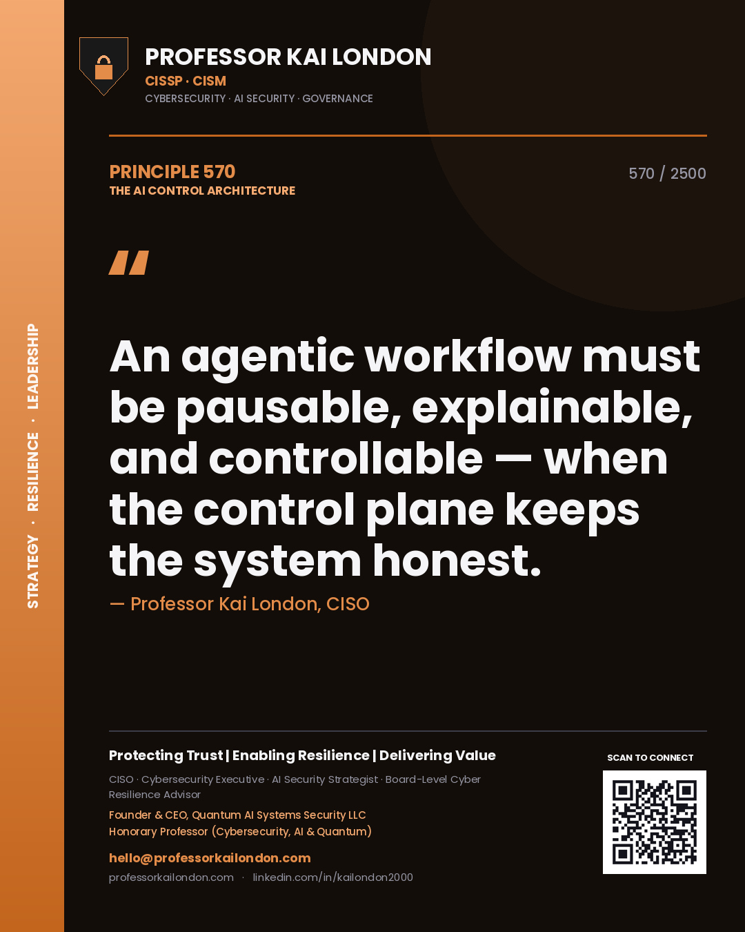 Quote card by Professor Kai London reading 'An agentic workflow must be pausable, explainable, and controllable — when the control plane keeps the system honest.'. From the book The AI Control Architecture.