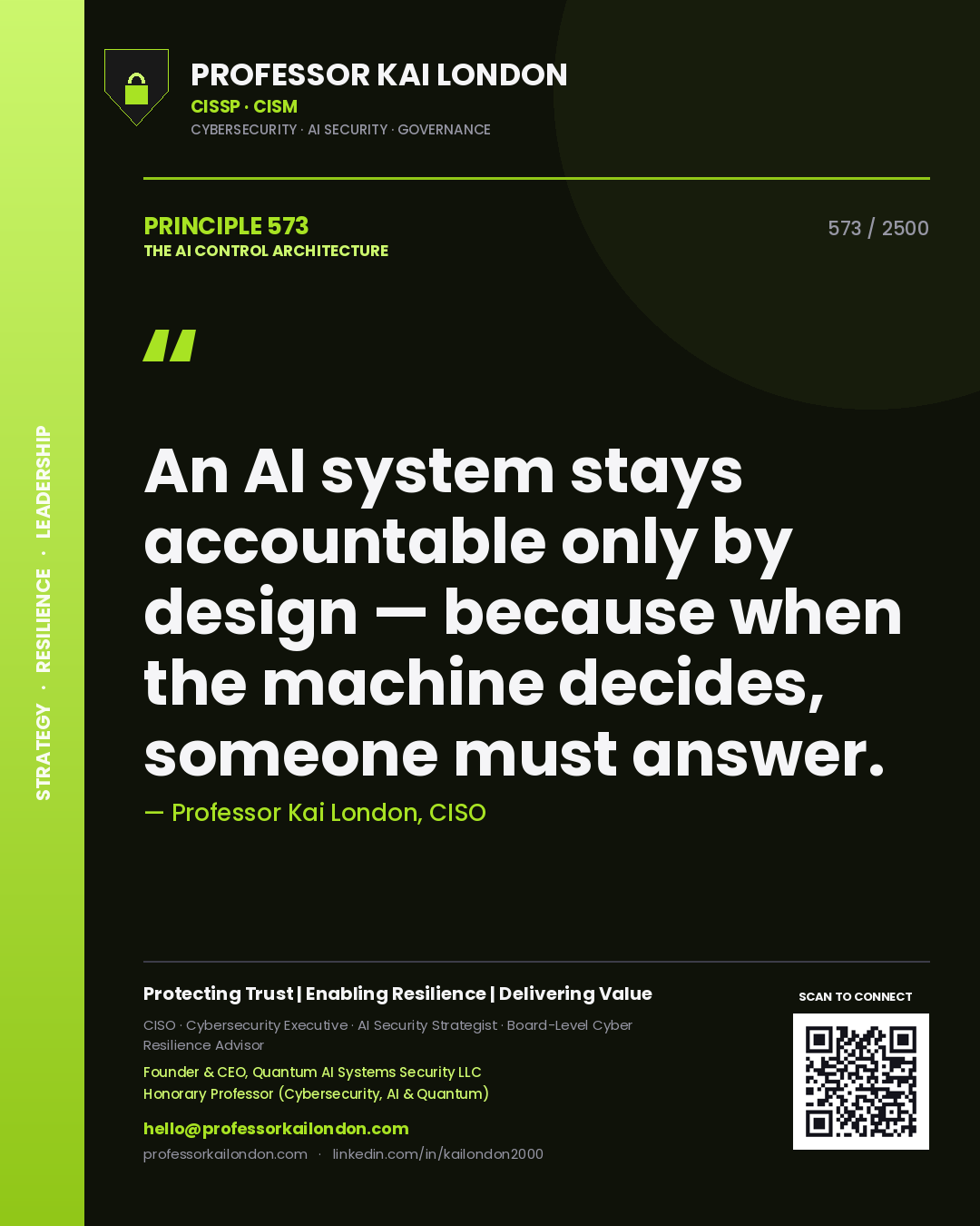 Quote card by Professor Kai London reading 'An AI system stays accountable only by design — because when the machine decides, someone must answer.'. From the book The AI Control Architecture.