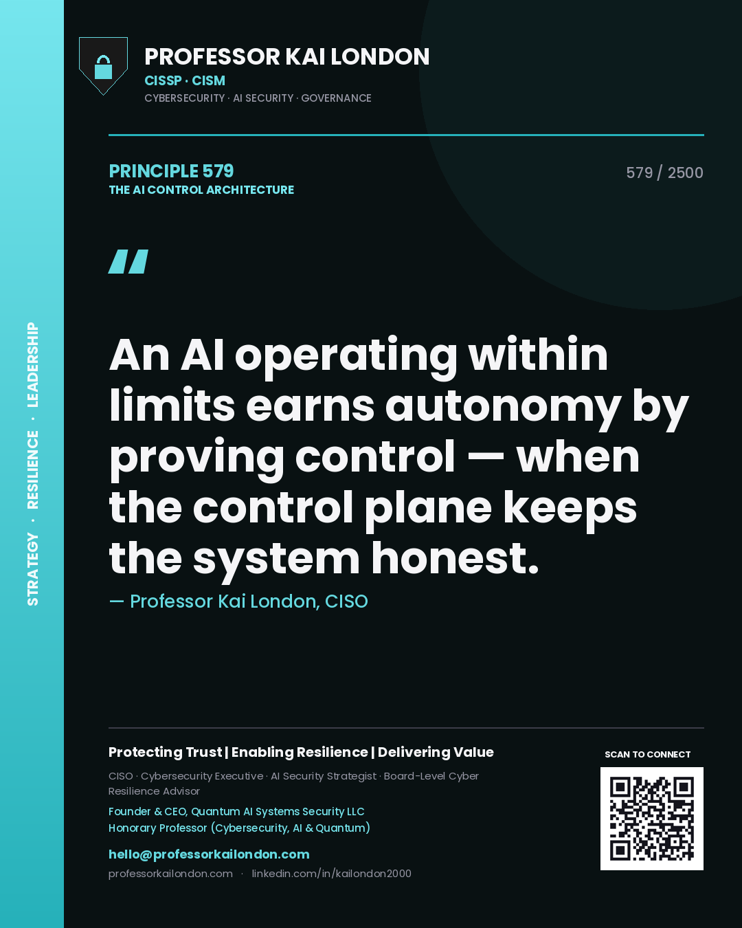 Quote card by Professor Kai London reading 'An AI operating within limits earns autonomy by proving control — when the control plane keeps the system honest.'. From the book The AI Control Architecture.