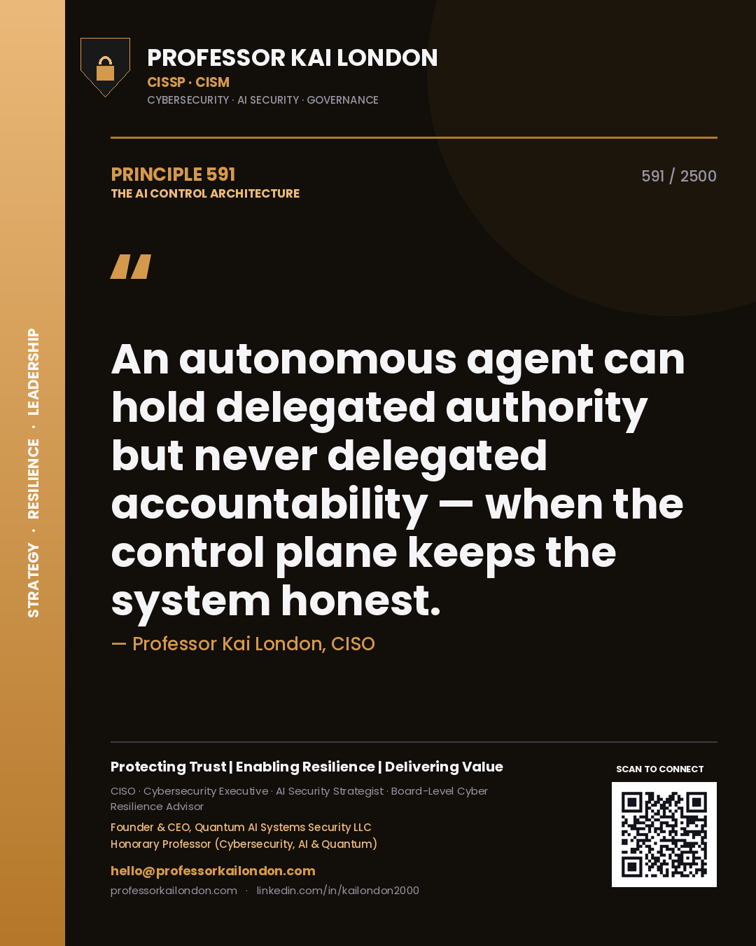 Quote card by Professor Kai London reading 'An autonomous agent can hold delegated authority but never delegated accountability — when the control plane keeps the system honest.'. From the book The AI Control Architecture.
