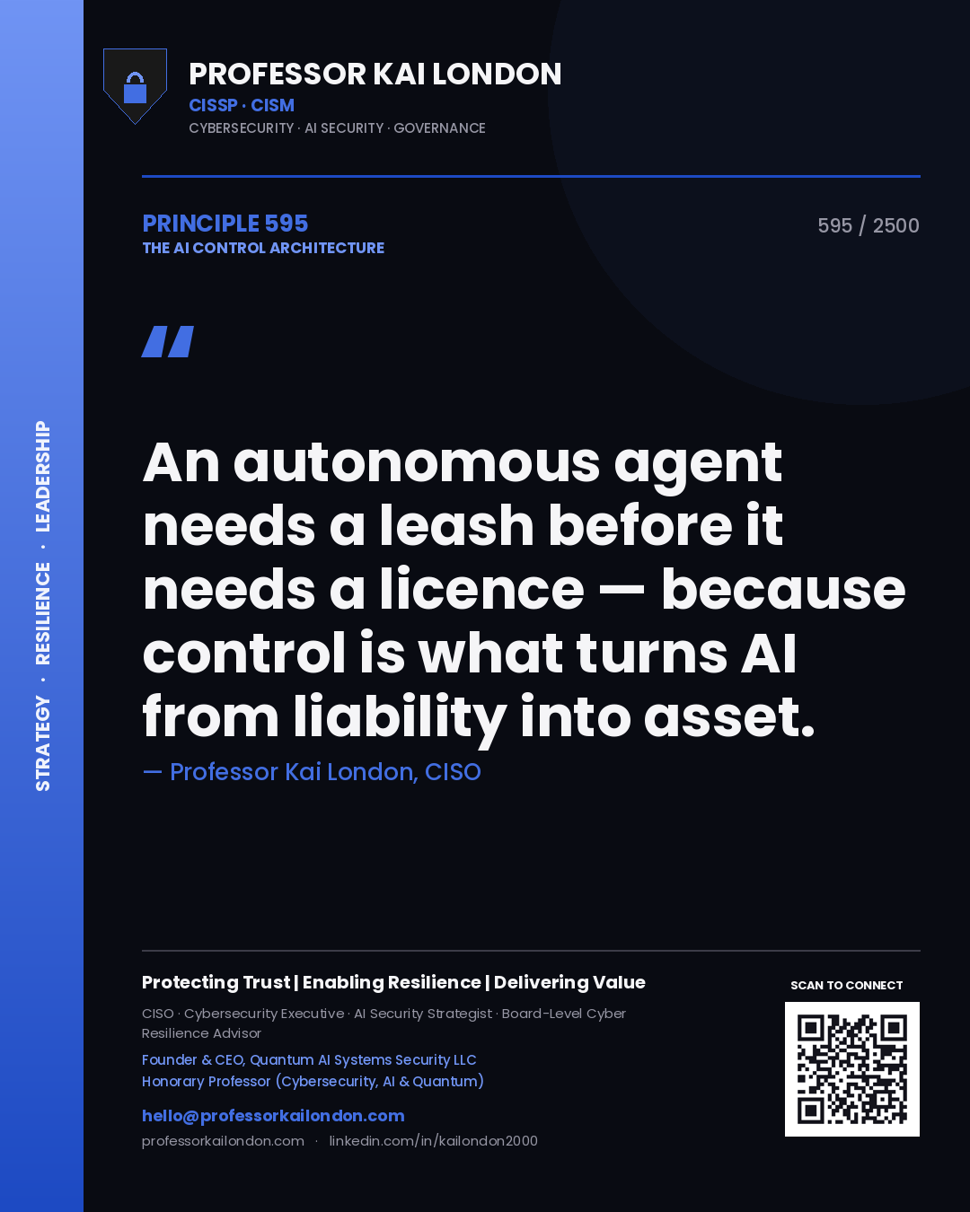 Quote card by Professor Kai London reading 'An autonomous agent needs a leash before it needs a licence — because control is what turns AI from liability into asset.'. From the book The AI Control Architecture.