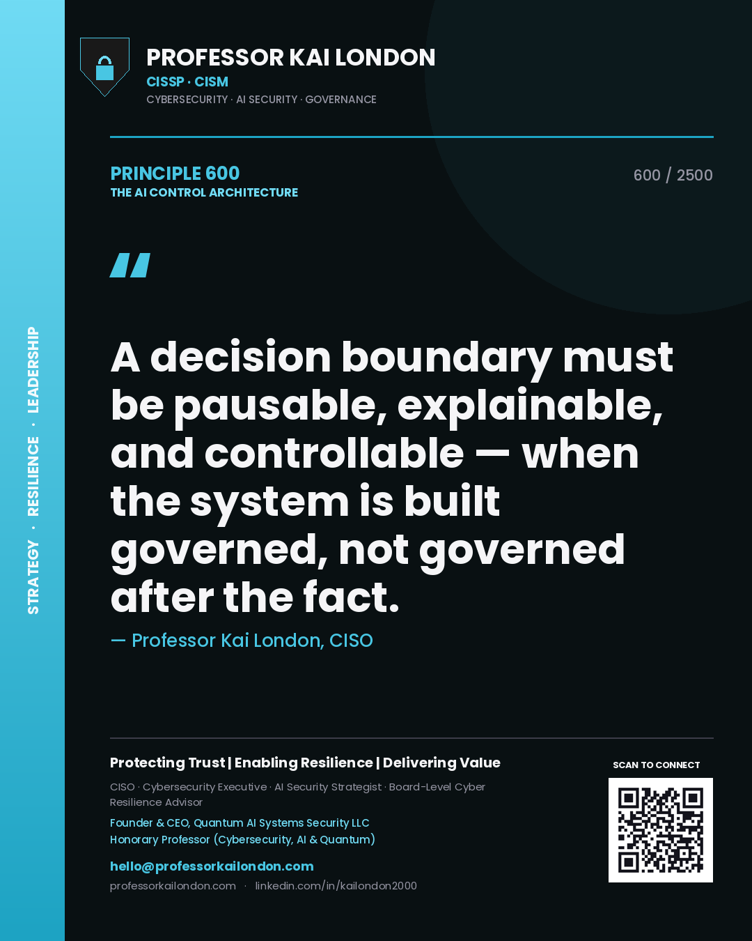 Quote card by Professor Kai London reading 'A decision boundary must be pausable, explainable, and controllable — when the system is built governed, not governed after the fact.'. From the book The AI Control Architecture.