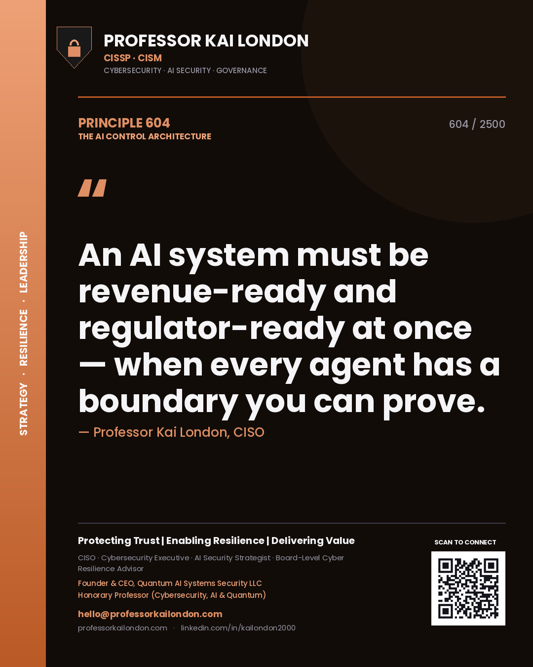 Quote card by Professor Kai London reading 'An AI system must be revenue-ready and regulator-ready at once — when every agent has a boundary you can prove.'. From the book The AI Control Architecture.