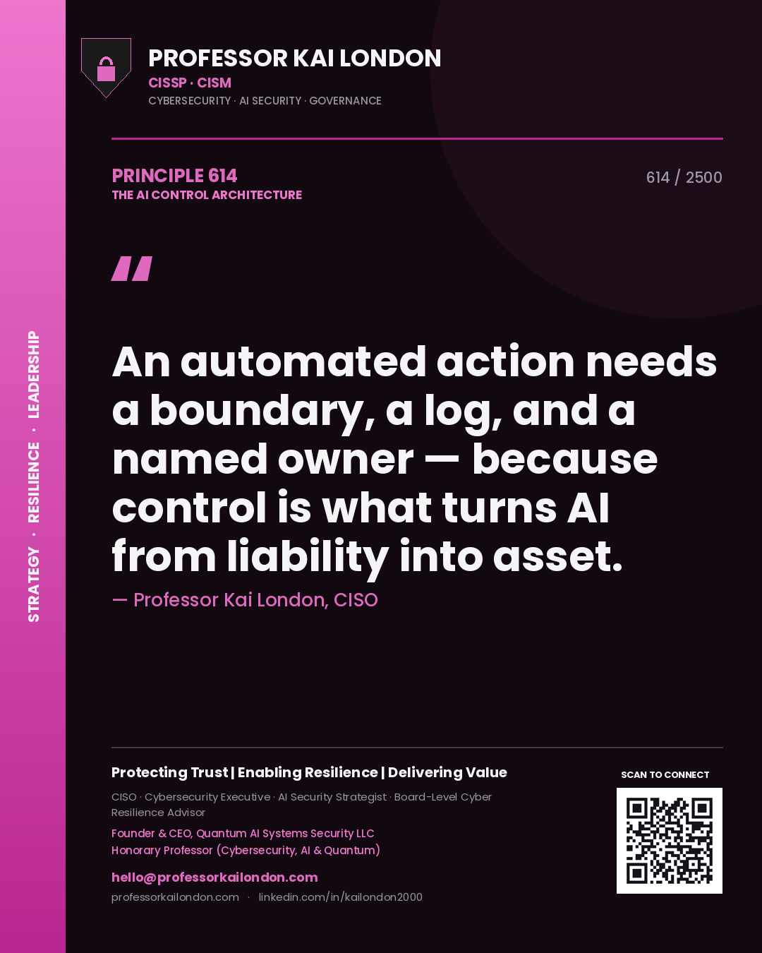 Quote card by Professor Kai London reading 'An automated action needs a boundary, a log, and a named owner — because control is what turns AI from liability into asset.'. From the book The AI Control Architecture.