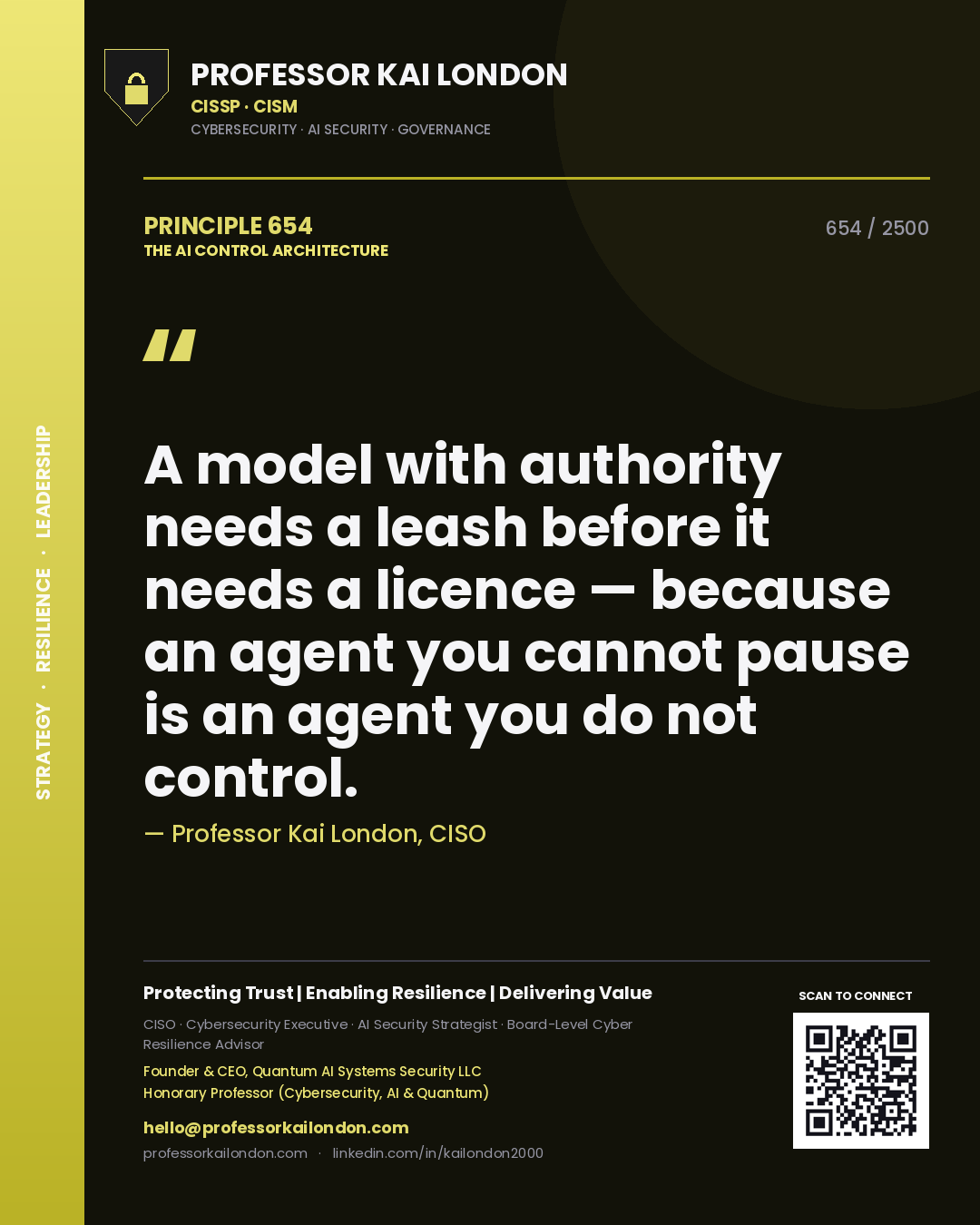Quote card by Professor Kai London reading 'A model with authority needs a leash before it needs a licence — because an agent you cannot pause is an agent you do not control.'. From the book The AI Control Architecture.