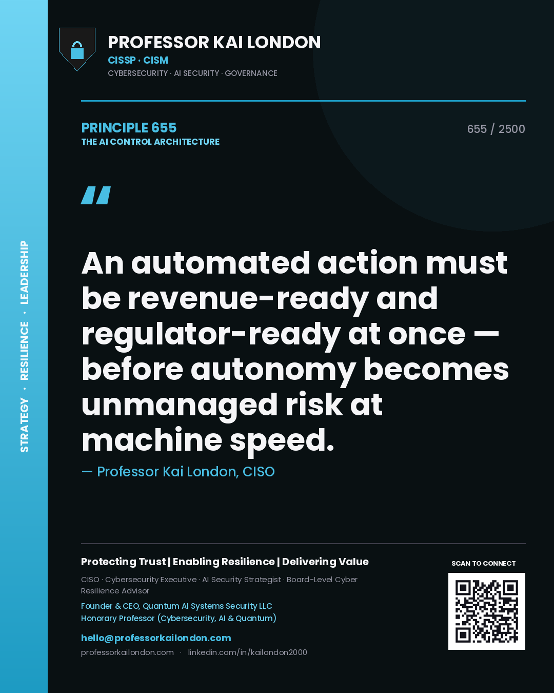 Quote card by Professor Kai London reading 'An automated action must be revenue-ready and regulator-ready at once — before autonomy becomes unmanaged risk at machine speed.'. From the book The AI Control Architecture.