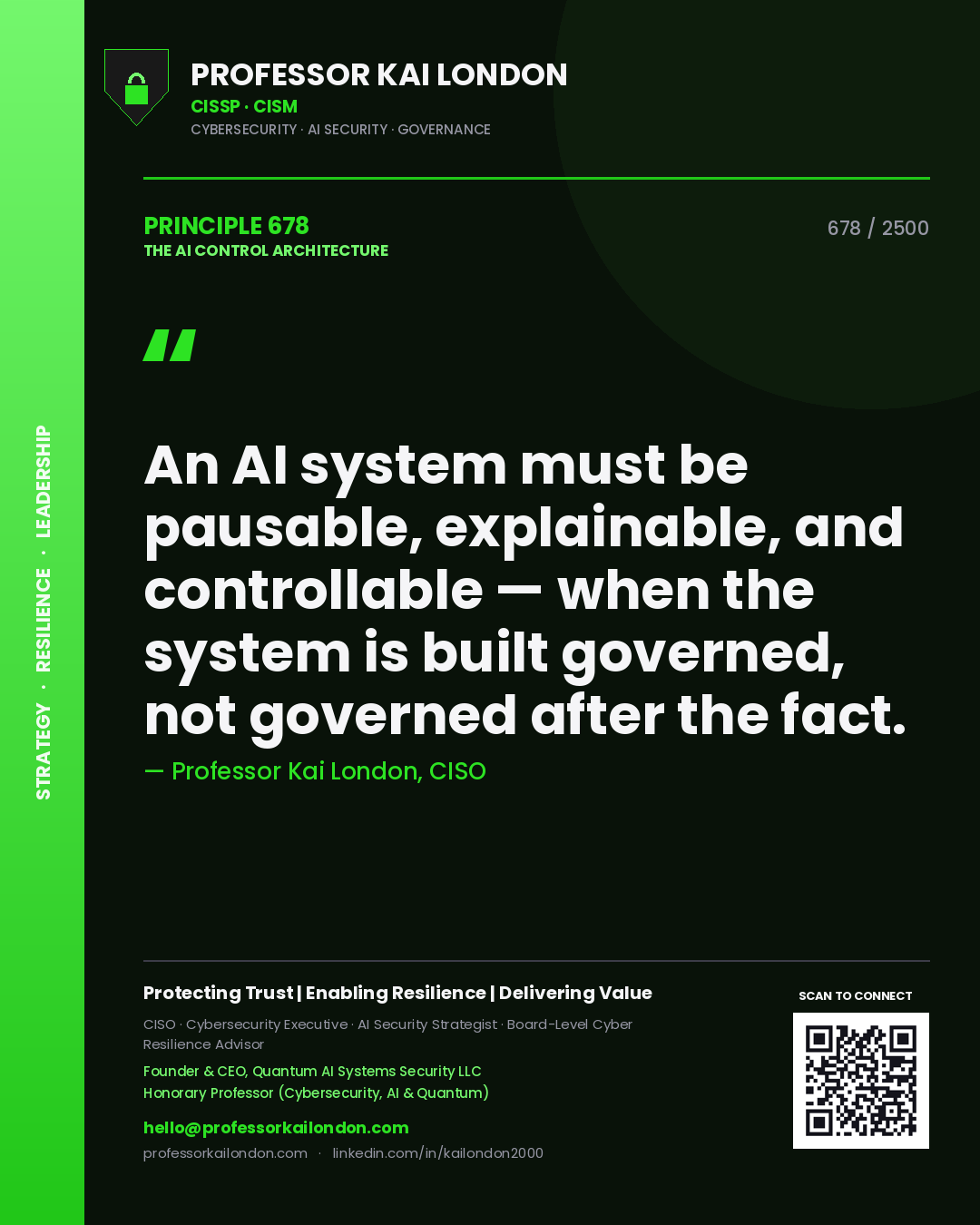 Quote card by Professor Kai London reading 'An AI system must be pausable, explainable, and controllable — when the system is built governed, not governed after the fact.'. From the book The AI Control Architecture.