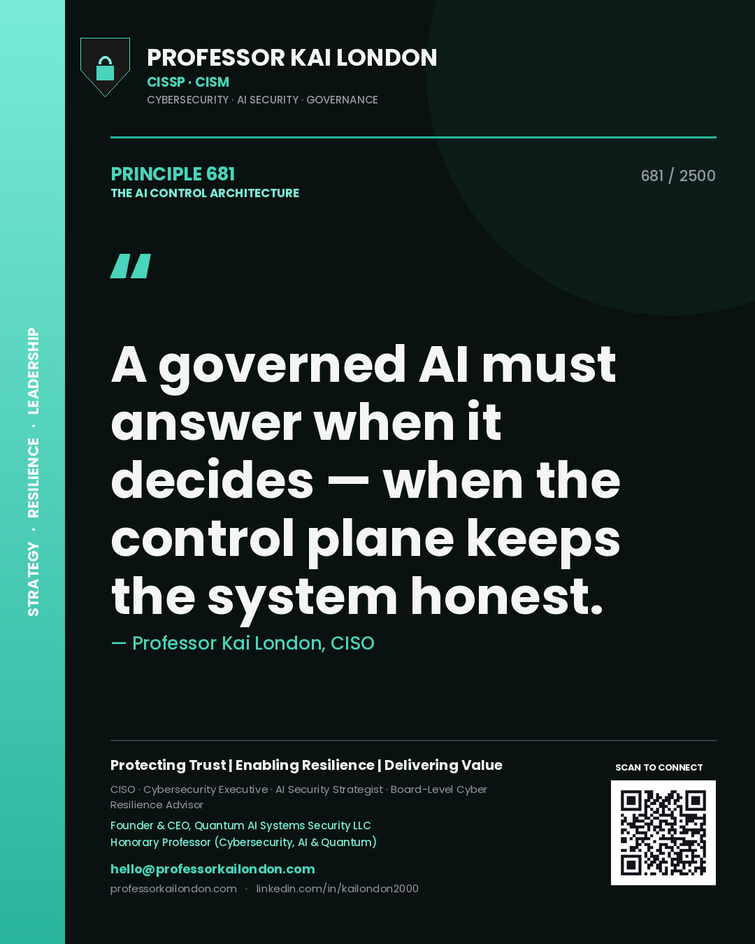 Quote card by Professor Kai London reading 'A governed AI must answer when it decides — when the control plane keeps the system honest.'. From the book The AI Control Architecture.