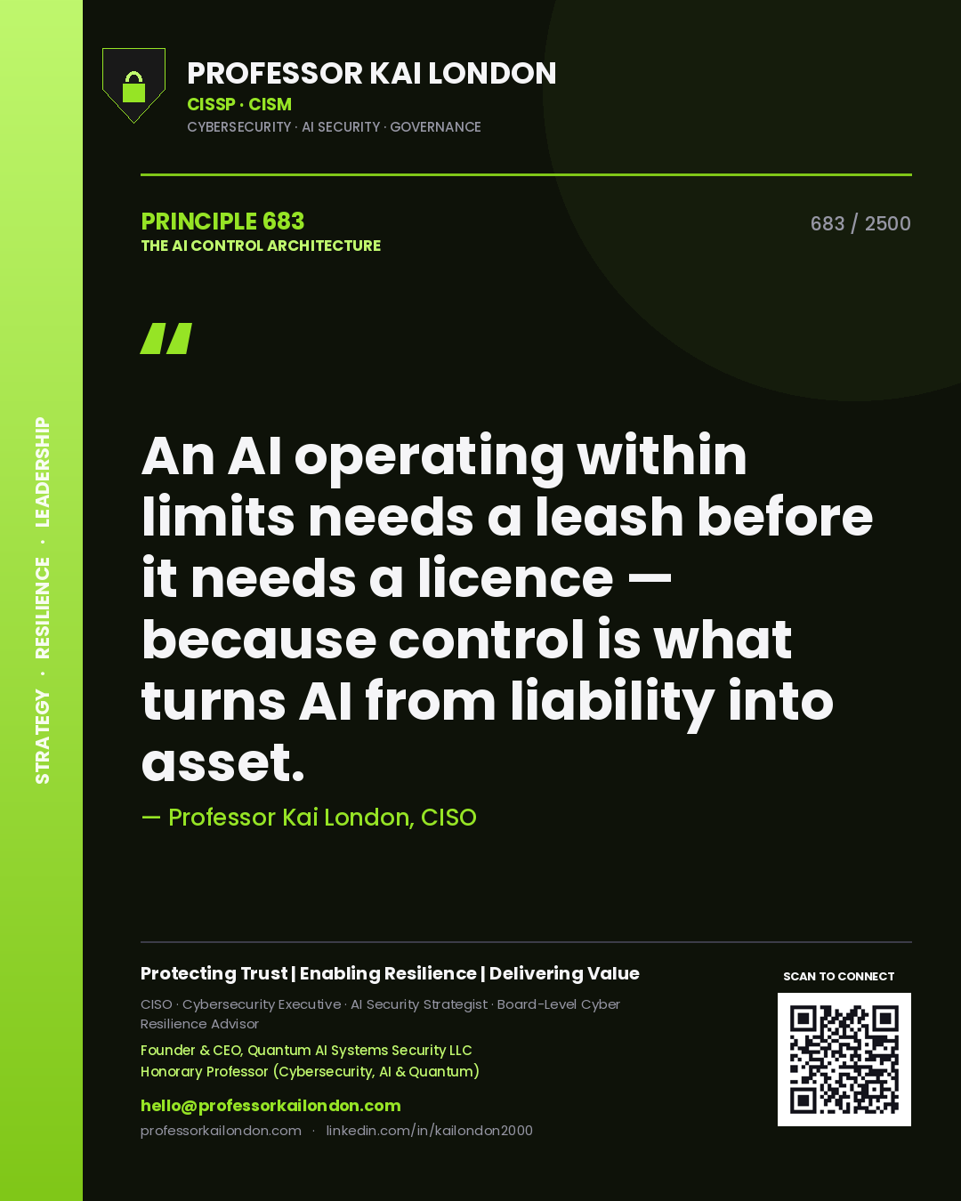 Professor Kai London principle 683: An AI operating within limits needs a leash before it needs a licence — because control is what turns AI from liability into asset.