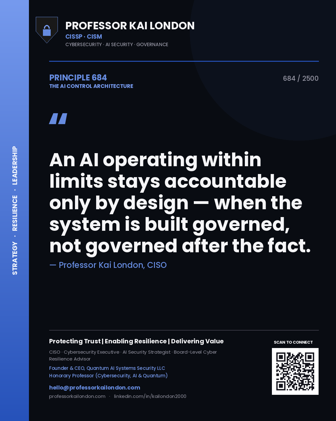 Quote card by Professor Kai London reading 'An AI operating within limits stays accountable only by design — when the system is built governed, not governed after the fact.'. From the book The AI Control Architecture.