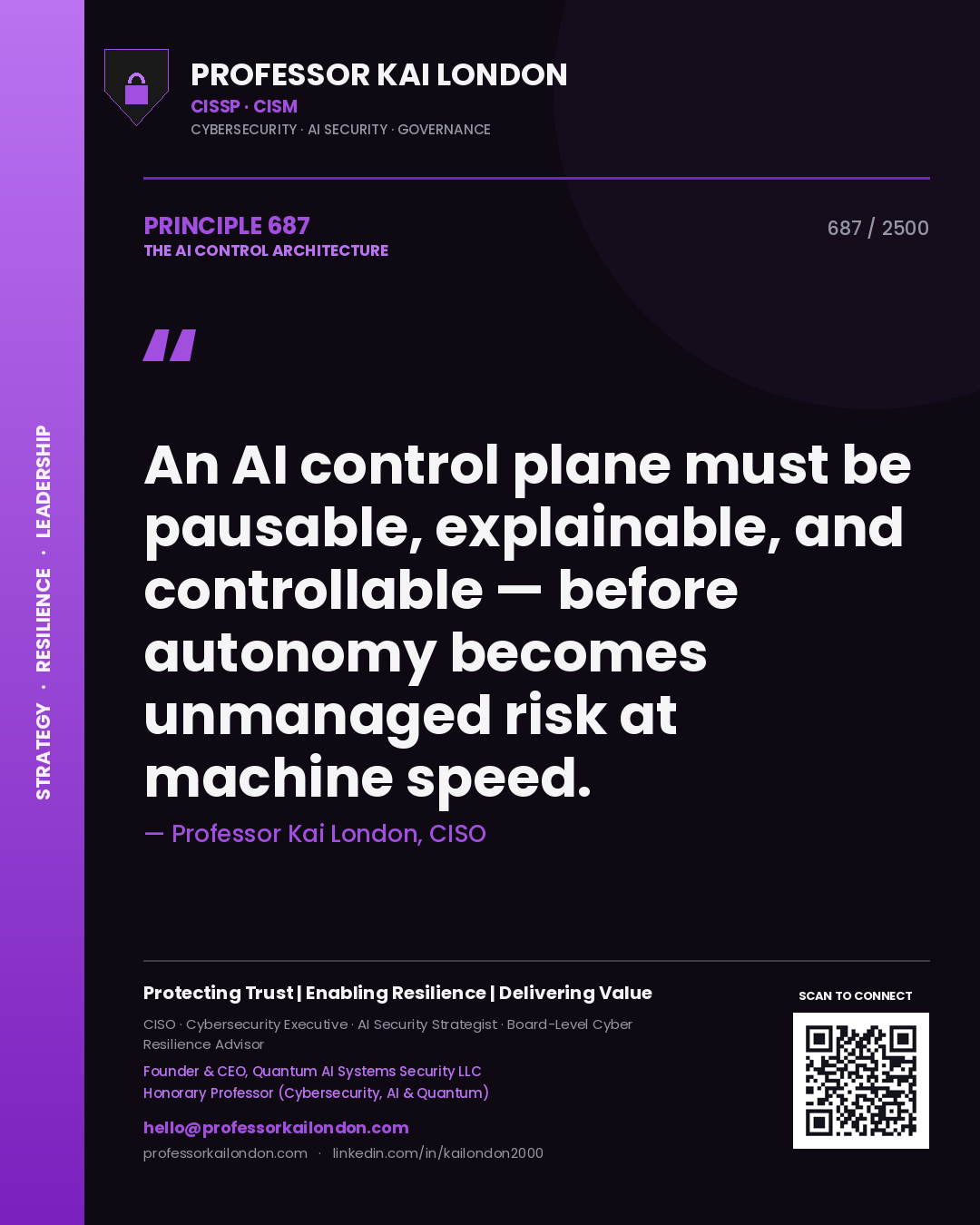 Professor Kai London principle 687: An AI control plane must be pausable, explainable, and controllable — before autonomy becomes unmanaged risk at machine speed.