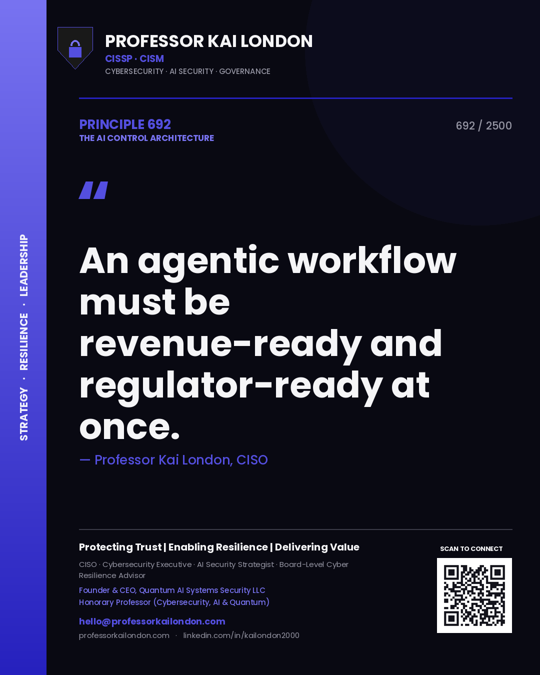 Professor Kai London principle 692: An agentic workflow must be revenue-ready and regulator-ready at once.