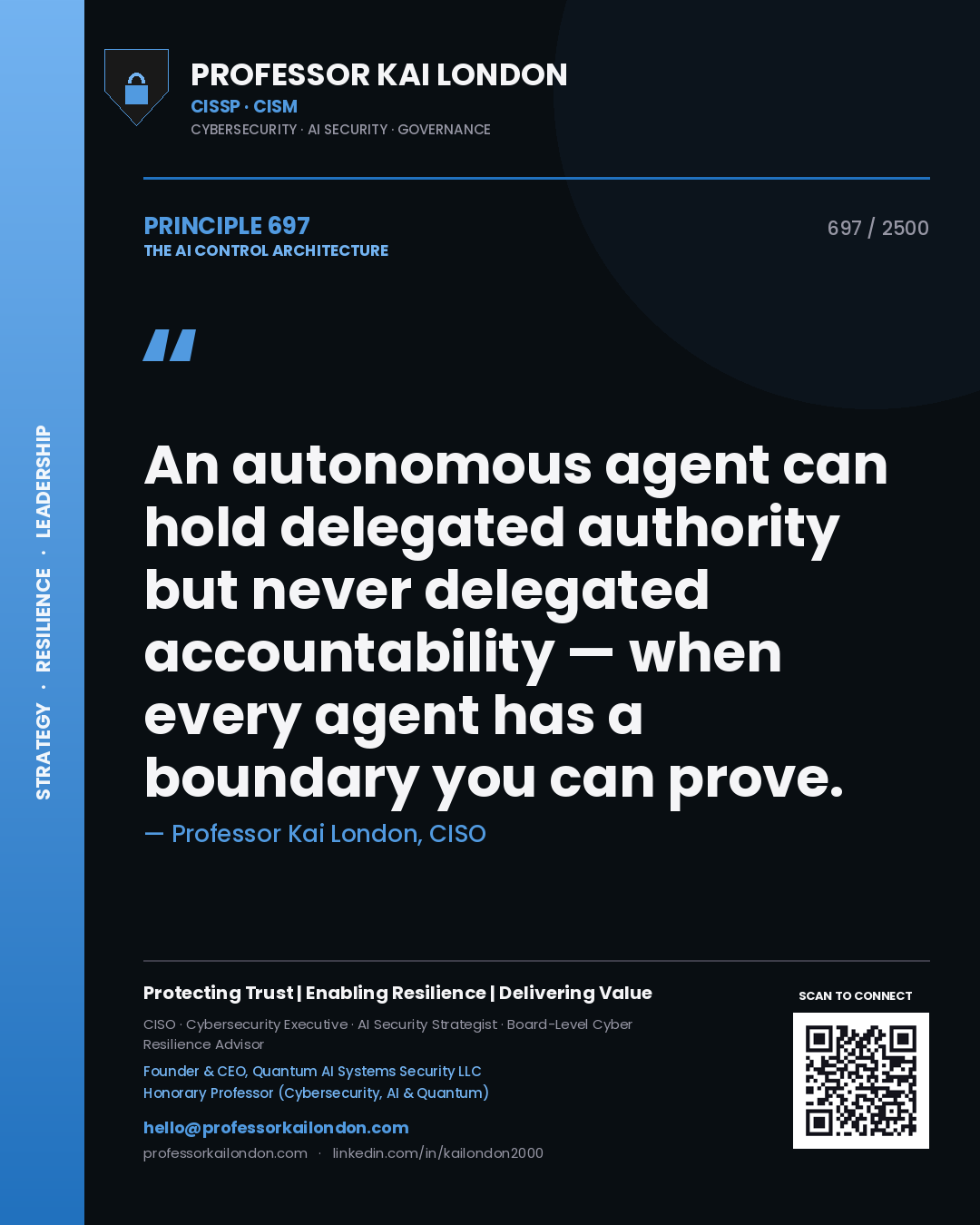 Quote card by Professor Kai London reading 'An autonomous agent can hold delegated authority but never delegated accountability — when every agent has a boundary you can prove.'. From the book The AI Control Architecture.