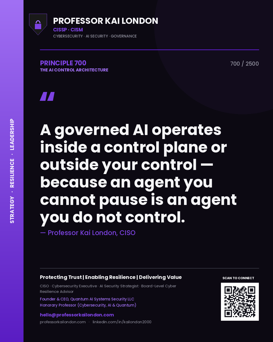 Professor Kai London principle 700: A governed AI operates inside a control plane or outside your control — because an agent you cannot pause is an agent you do not control.