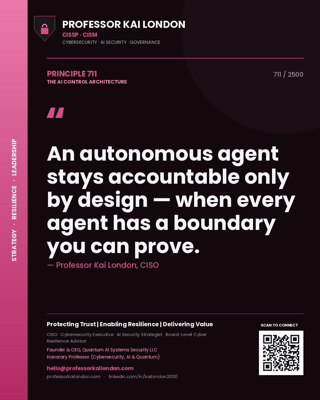 Quote card by Professor Kai London reading 'An autonomous agent stays accountable only by design — when every agent has a boundary you can prove.'. From the book The AI Control Architecture.