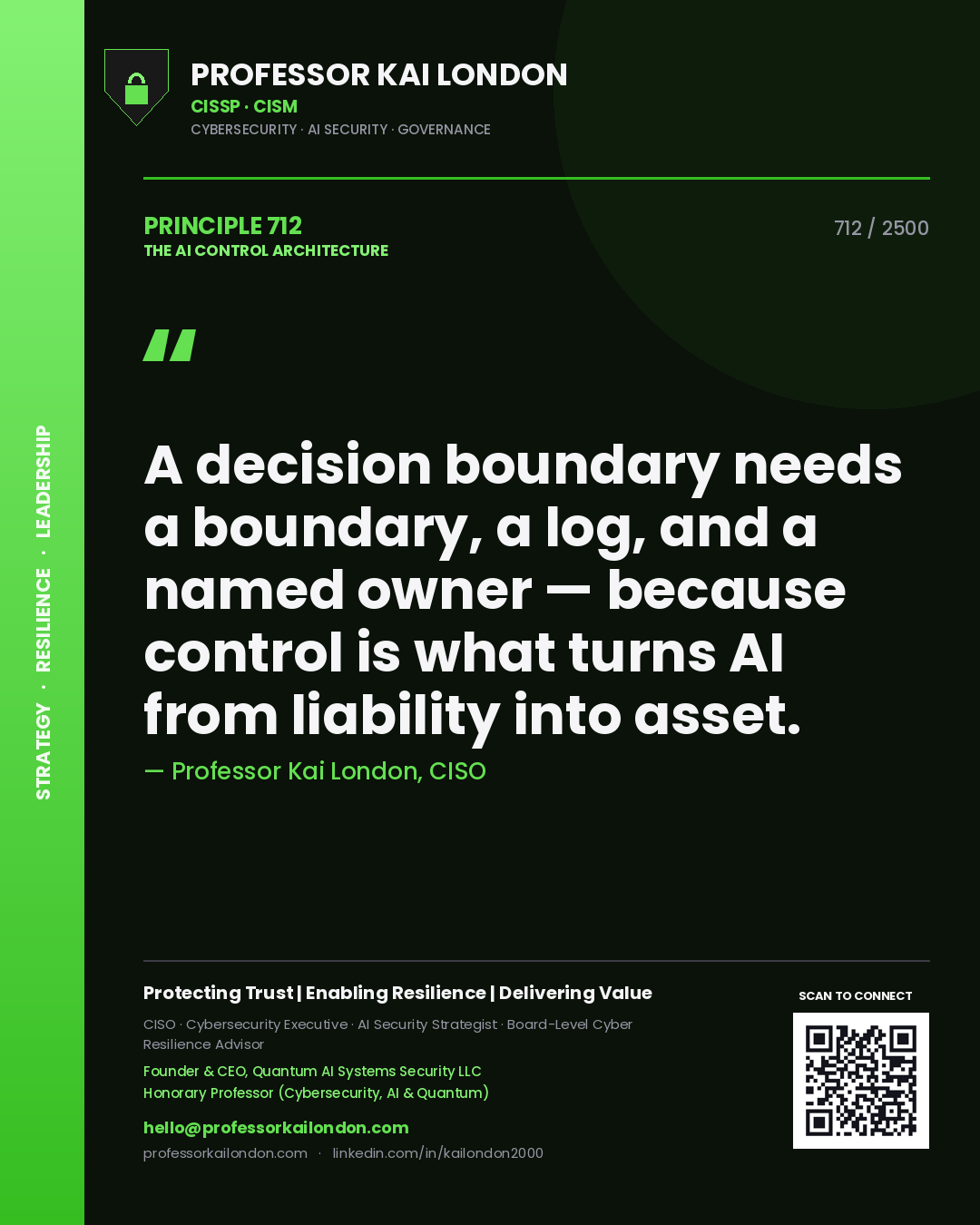 Professor Kai London principle 712: A decision boundary needs a boundary, a log, and a named owner — because control is what turns AI from liability into asset.