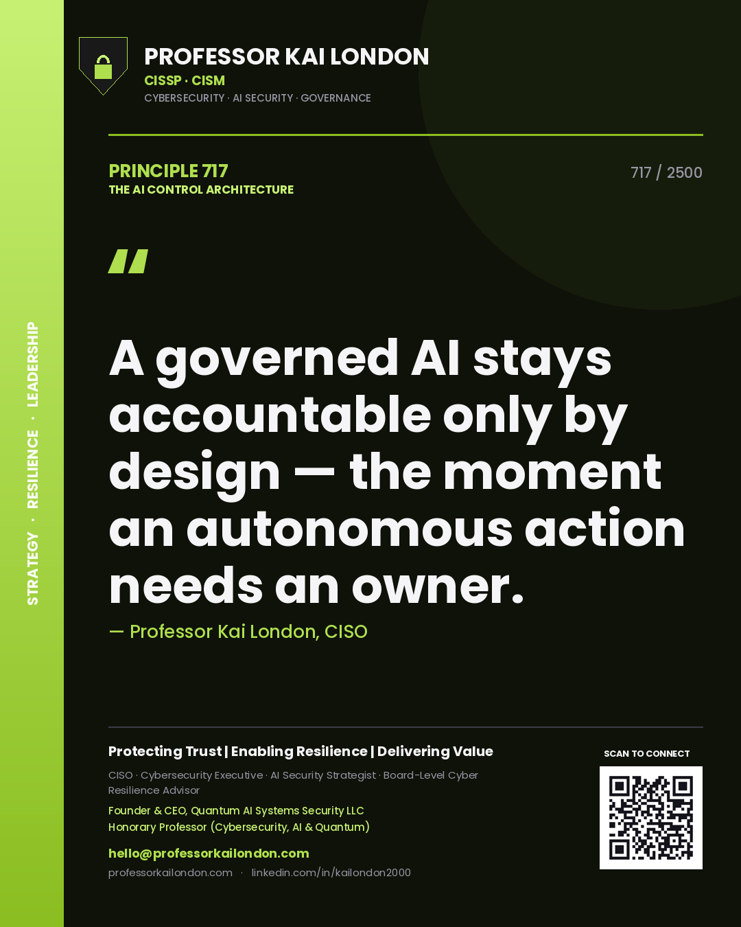 Quote card by Professor Kai London reading 'A governed AI stays accountable only by design — the moment an autonomous action needs an owner.'. From the book The AI Control Architecture.
