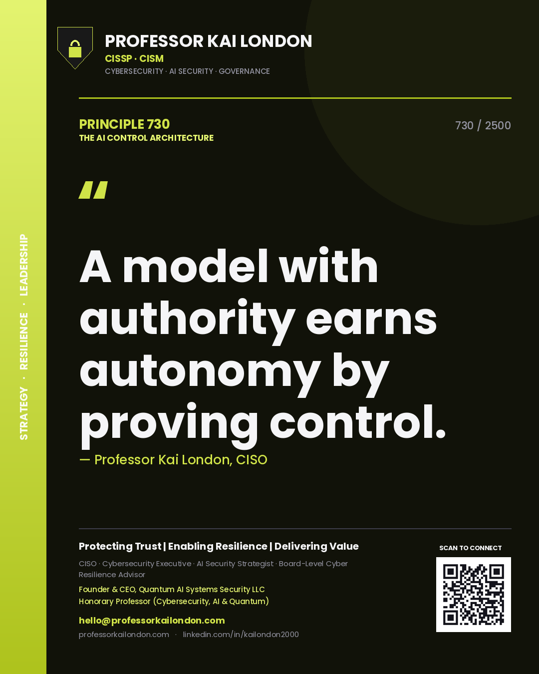 Quote card by Professor Kai London reading 'A model with authority earns autonomy by proving control.'. From the book The AI Control Architecture.