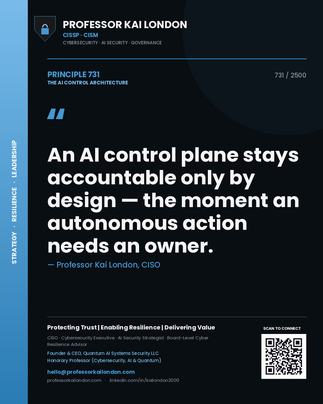 Professor Kai London principle 731: An AI control plane stays accountable only by design — the moment an autonomous action needs an owner.