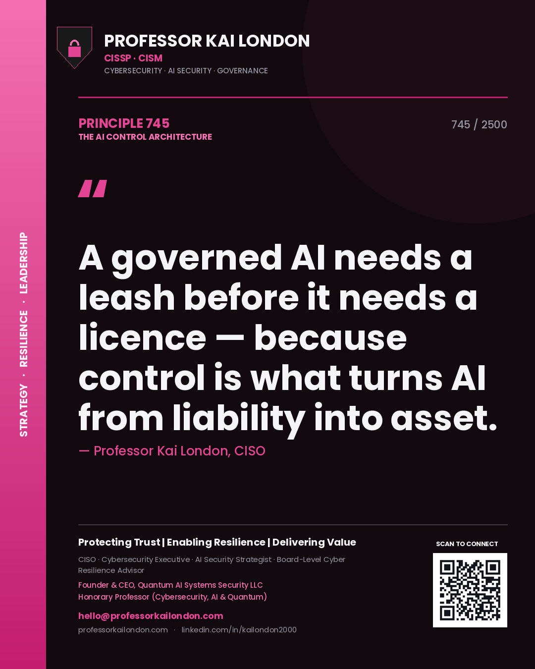 Professor Kai London principle 745: A governed AI needs a leash before it needs a licence — because control is what turns AI from liability into asset.