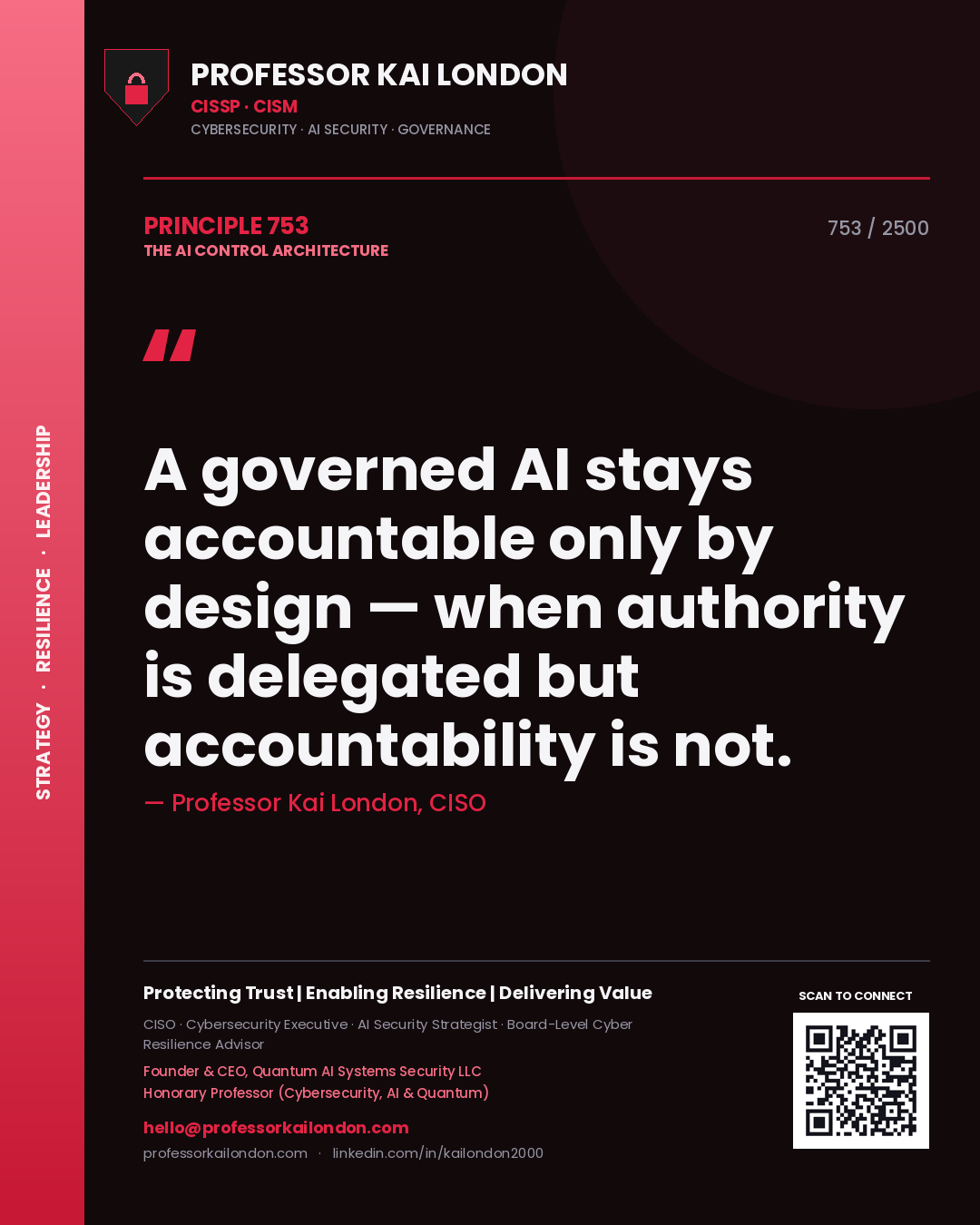 Quote card by Professor Kai London reading 'A governed AI stays accountable only by design — when authority is delegated but accountability is not.'. From the book The AI Control Architecture.