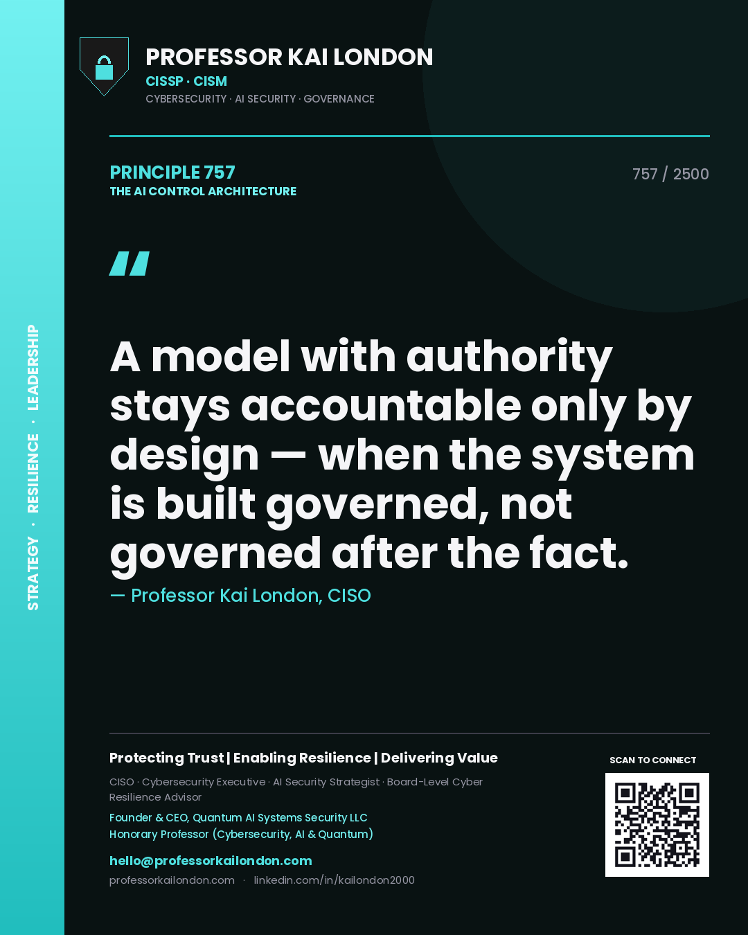 Quote card by Professor Kai London reading 'A model with authority stays accountable only by design — when the system is built governed, not governed after the fact.'. From the book The AI Control Architecture.