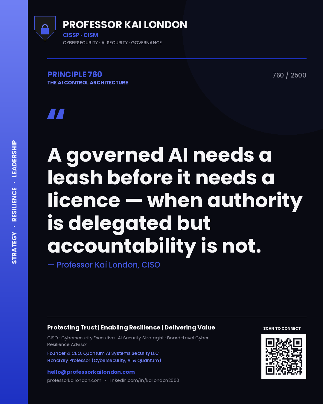 Professor Kai London principle 760: A governed AI needs a leash before it needs a licence — when authority is delegated but accountability is not.