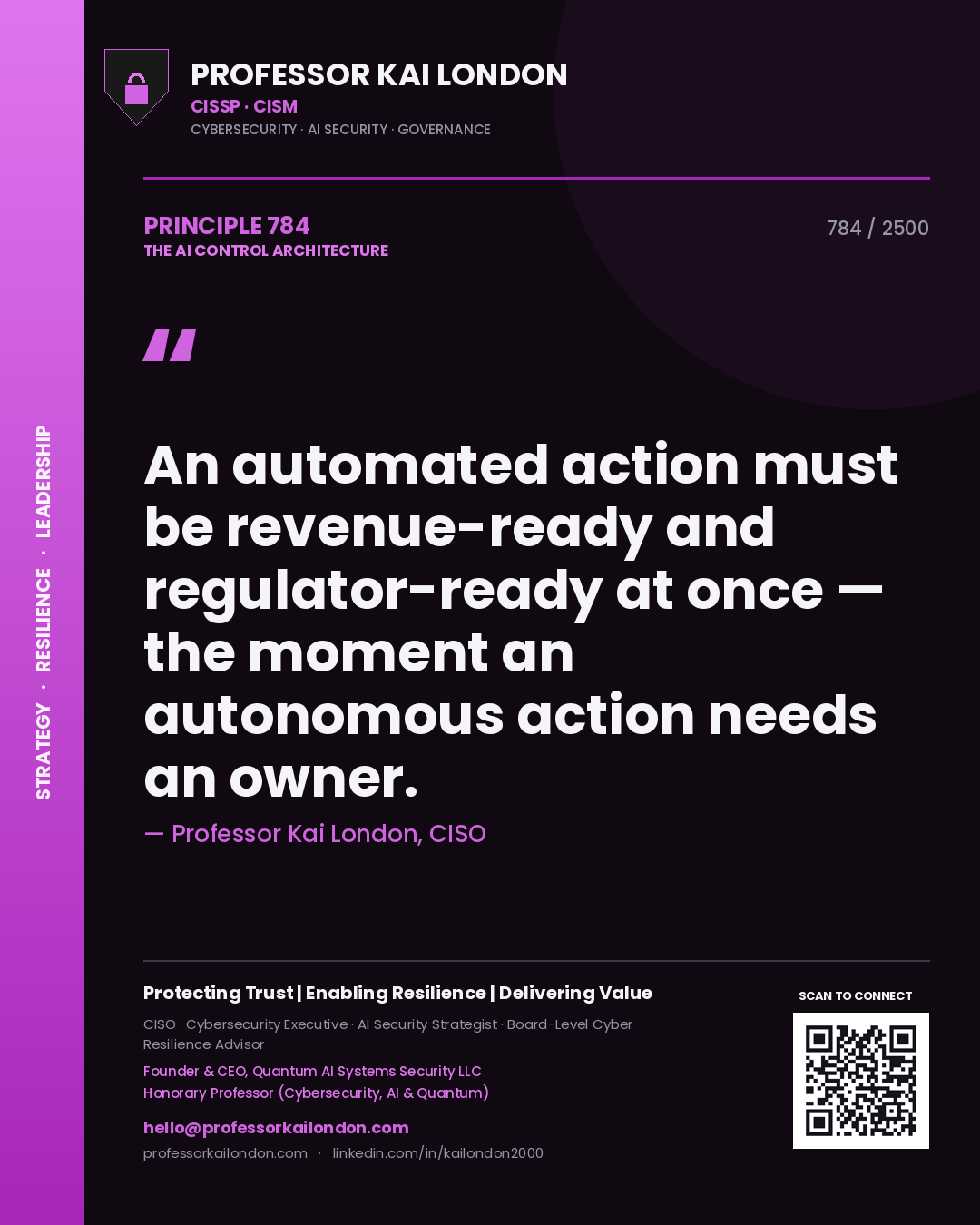Professor Kai London principle 784: An automated action must be revenue-ready and regulator-ready at once — the moment an autonomous action needs an owner.