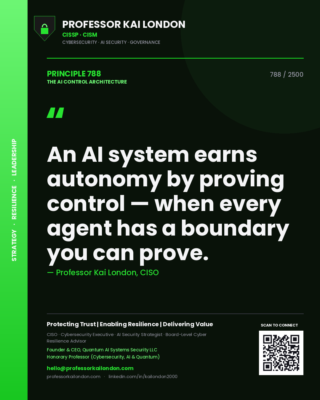 Professor Kai London principle 788: An AI system earns autonomy by proving control — when every agent has a boundary you can prove.