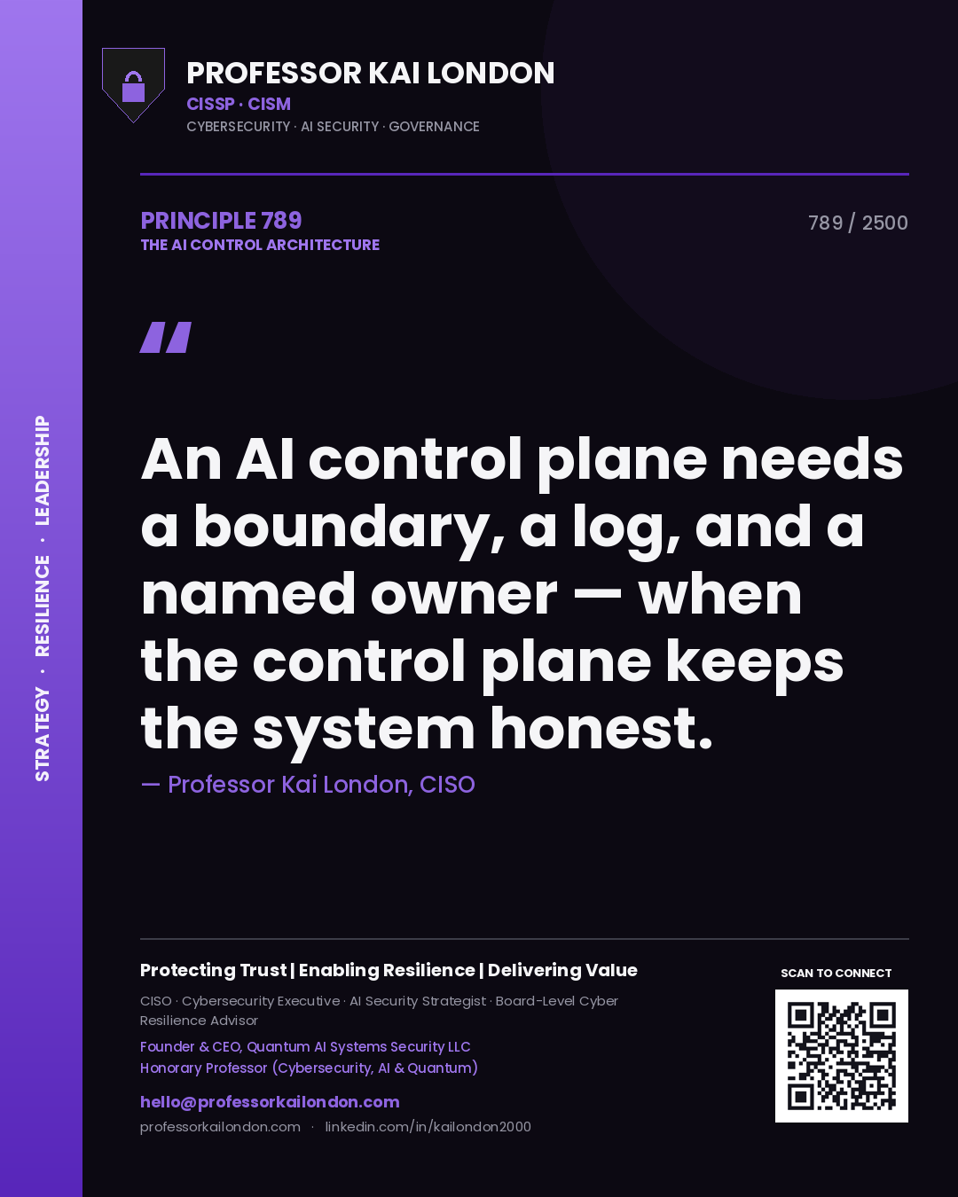 Professor Kai London principle 789: An AI control plane needs a boundary, a log, and a named owner — when the control plane keeps the system honest.