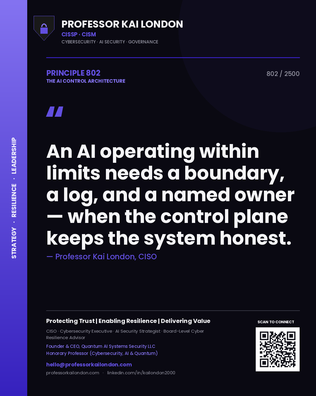 Quote card by Professor Kai London reading 'An AI operating within limits needs a boundary, a log, and a named owner — when the control plane keeps the system honest.'. From the book The AI Control Architecture.