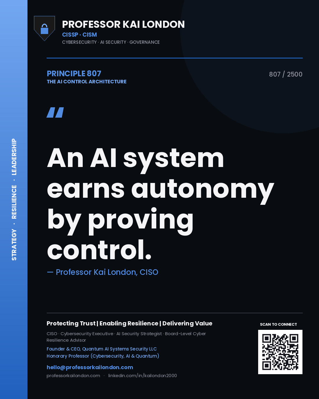 Quote card by Professor Kai London reading 'An AI system earns autonomy by proving control.'. From the book The AI Control Architecture.