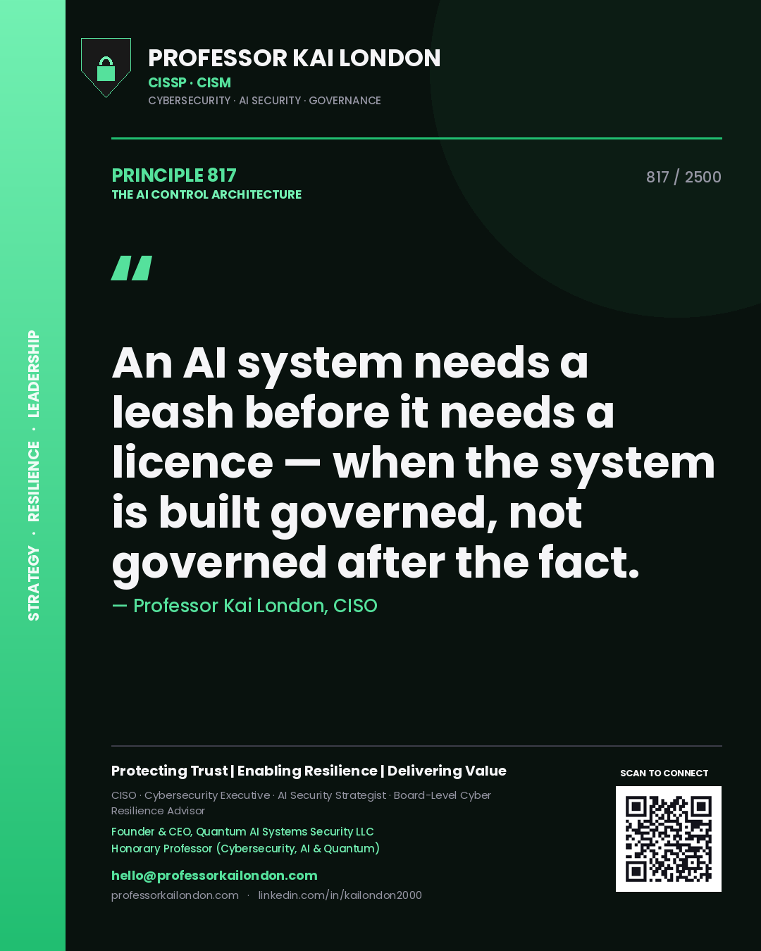 Quote card by Professor Kai London reading 'An AI system needs a leash before it needs a licence — when the system is built governed, not governed after the fact.'. From the book The AI Control Architecture.