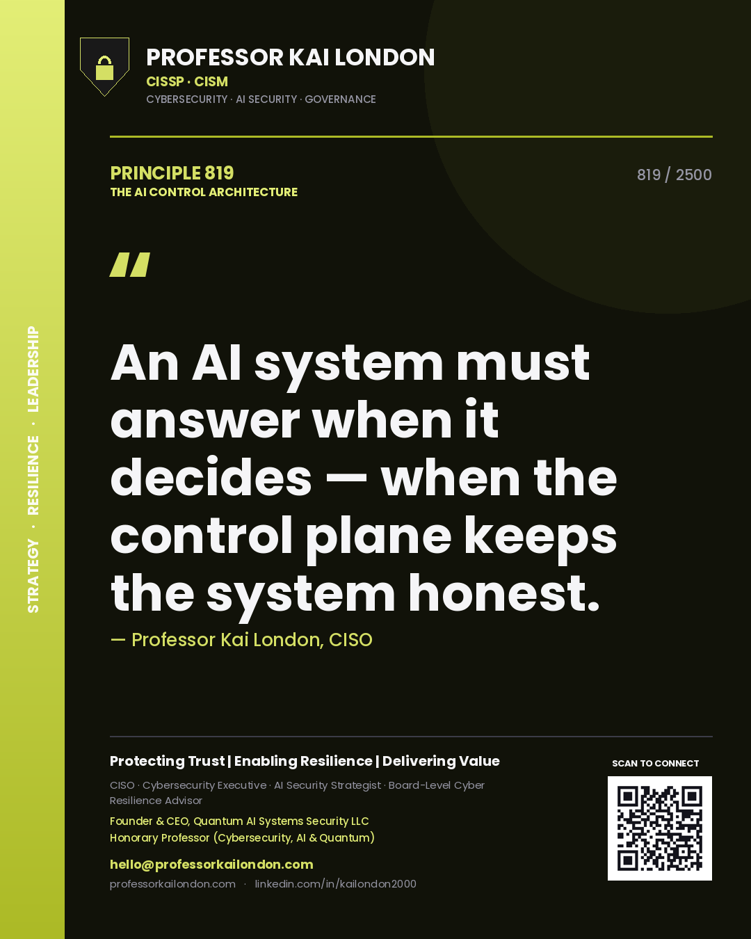 Quote card by Professor Kai London reading 'An AI system must answer when it decides — when the control plane keeps the system honest.'. From the book The AI Control Architecture.