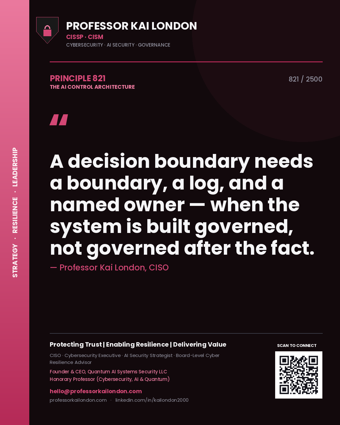 Quote card by Professor Kai London reading 'A decision boundary needs a boundary, a log, and a named owner — when the system is built governed, not governed after the fact.'. From the book The AI Control Architecture.