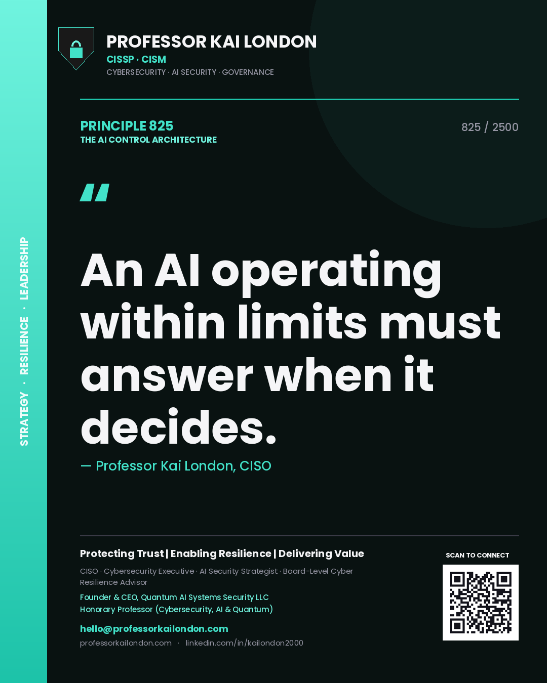 Quote card by Professor Kai London reading 'An AI operating within limits must answer when it decides.'. From the book The AI Control Architecture.