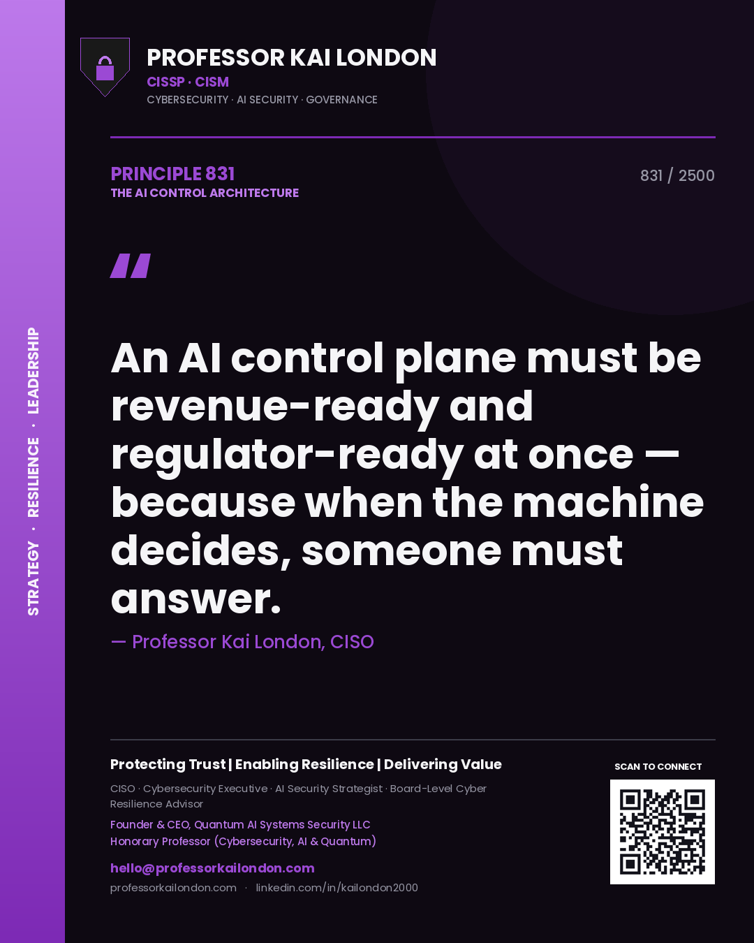 Quote card by Professor Kai London reading 'An AI control plane must be revenue-ready and regulator-ready at once — because when the machine decides, someone must answer.'. From the book The AI Control Architecture.