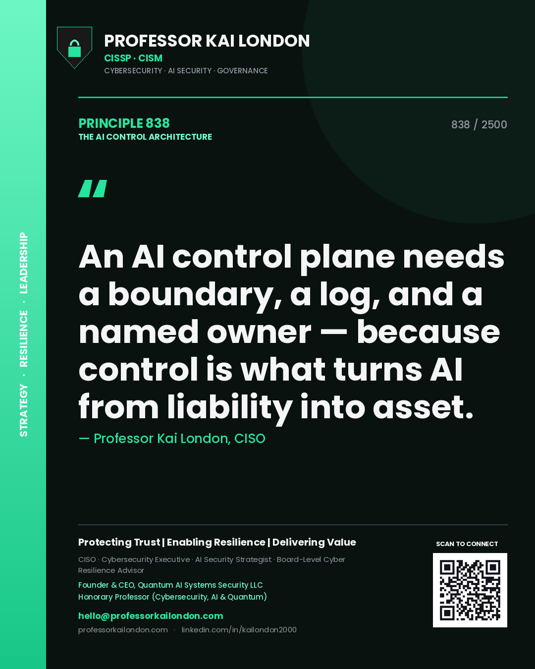 Quote card by Professor Kai London reading 'An AI control plane needs a boundary, a log, and a named owner — because control is what turns AI from liability into asset.'. From the book The AI Control Architecture.