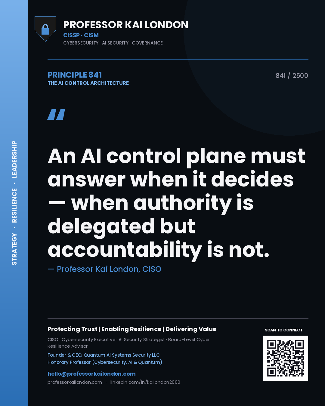 Quote card by Professor Kai London reading 'An AI control plane must answer when it decides — when authority is delegated but accountability is not.'. From the book The AI Control Architecture.