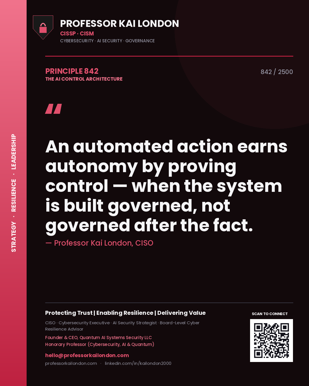 Quote card by Professor Kai London reading 'An automated action earns autonomy by proving control — when the system is built governed, not governed after the fact.'. From the book The AI Control Architecture.