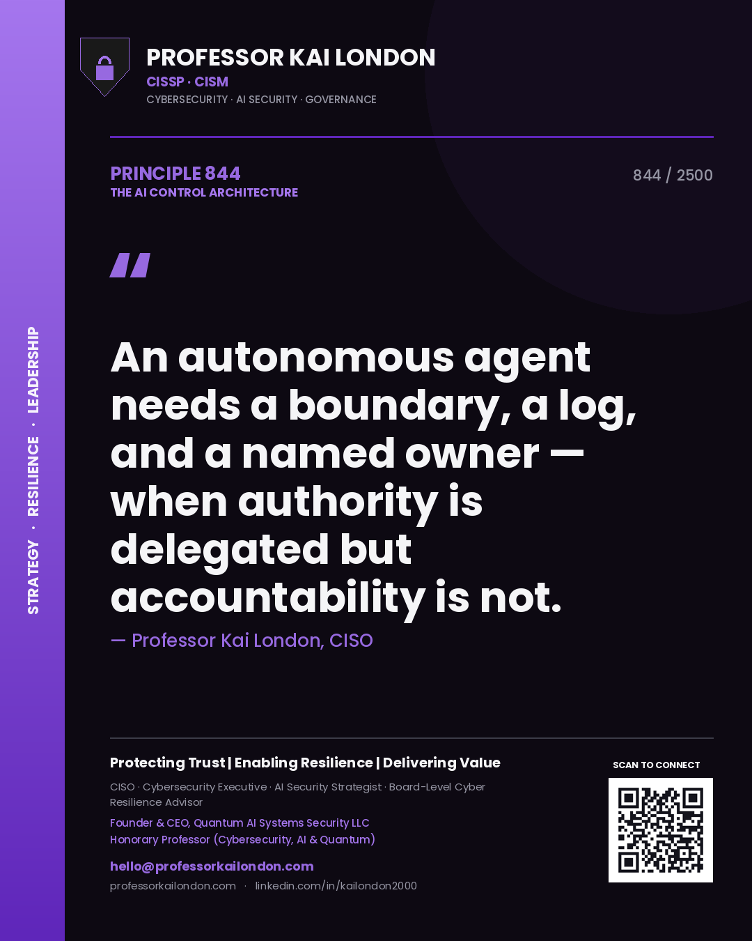 Quote card by Professor Kai London reading 'An autonomous agent needs a boundary, a log, and a named owner — when authority is delegated but accountability is not.'. From the book The AI Control Architecture.