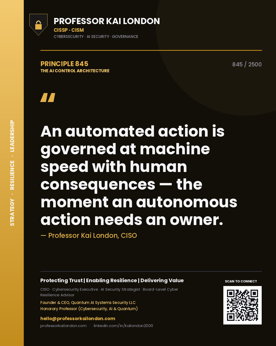 Quote card by Professor Kai London reading 'An automated action is governed at machine speed with human consequences — the moment an autonomous action needs an owner.'. From the book The AI Control Architecture.
