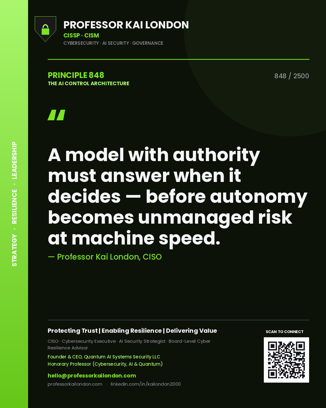 Quote card by Professor Kai London reading 'A model with authority must answer when it decides — before autonomy becomes unmanaged risk at machine speed.'. From the book The AI Control Architecture.