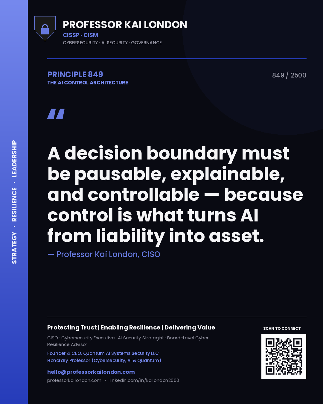 Professor Kai London principle 849: A decision boundary must be pausable, explainable, and controllable — because control is what turns AI from liability into asset.