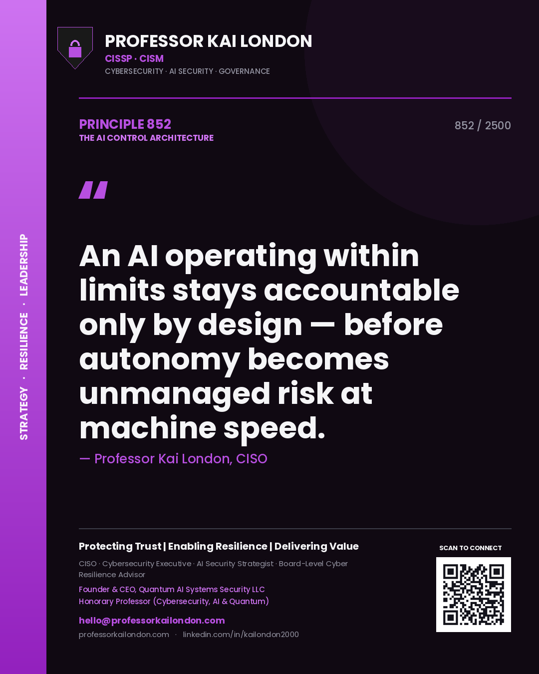 Quote card by Professor Kai London reading 'An AI operating within limits stays accountable only by design — before autonomy becomes unmanaged risk at machine speed.'. From the book The AI Control Architecture.