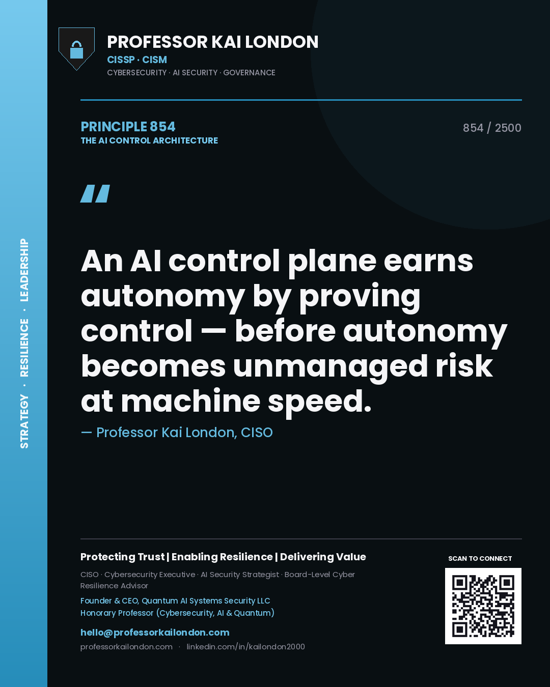 Quote card by Professor Kai London reading 'An AI control plane earns autonomy by proving control — before autonomy becomes unmanaged risk at machine speed.'. From the book The AI Control Architecture.