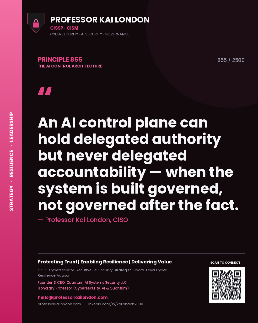 Quote card by Professor Kai London reading 'An AI control plane can hold delegated authority but never delegated accountability — when the system is built governed, not governed after the fact.'. From the book The AI Control Architecture.