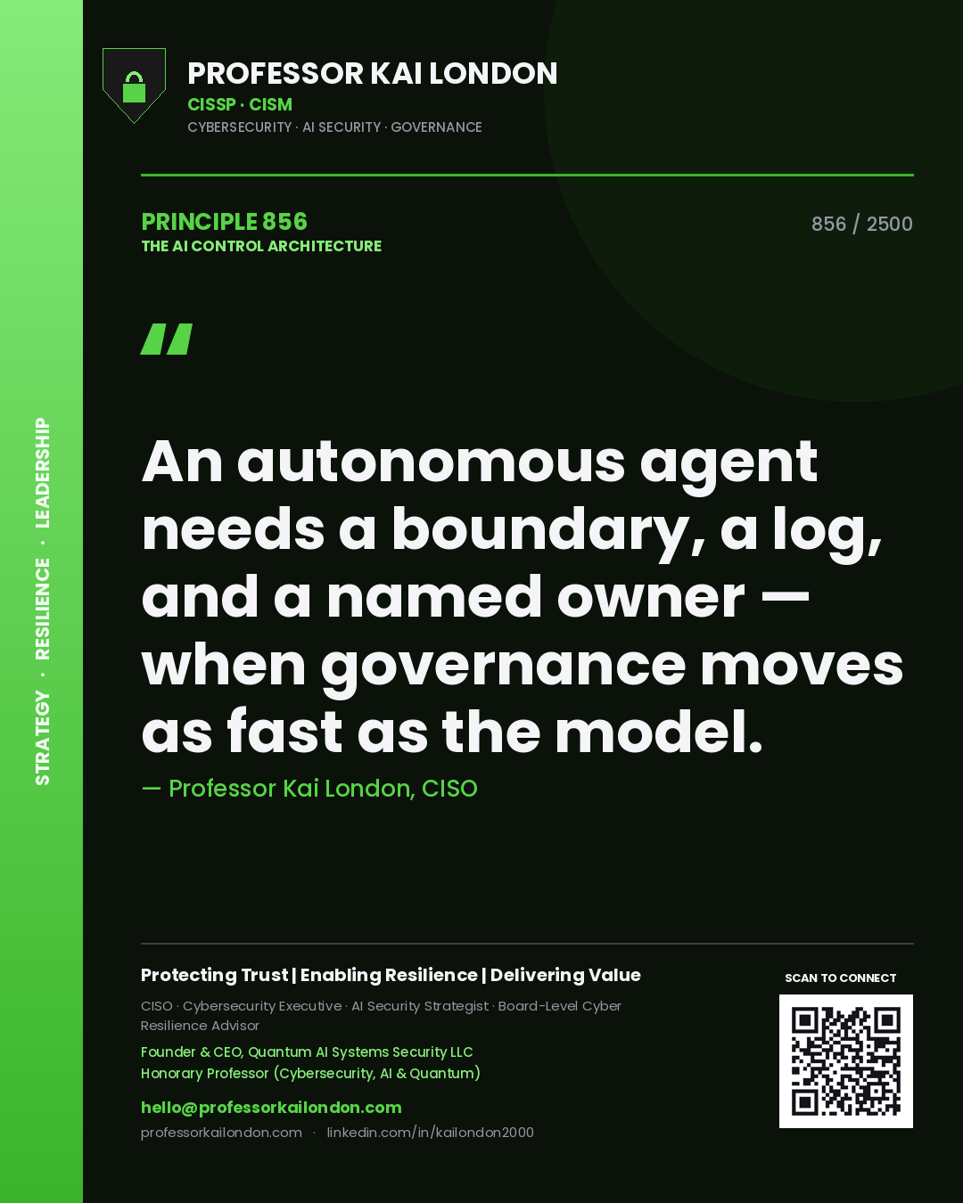 Quote card by Professor Kai London reading 'An autonomous agent needs a boundary, a log, and a named owner — when governance moves as fast as the model.'. From the book The AI Control Architecture.