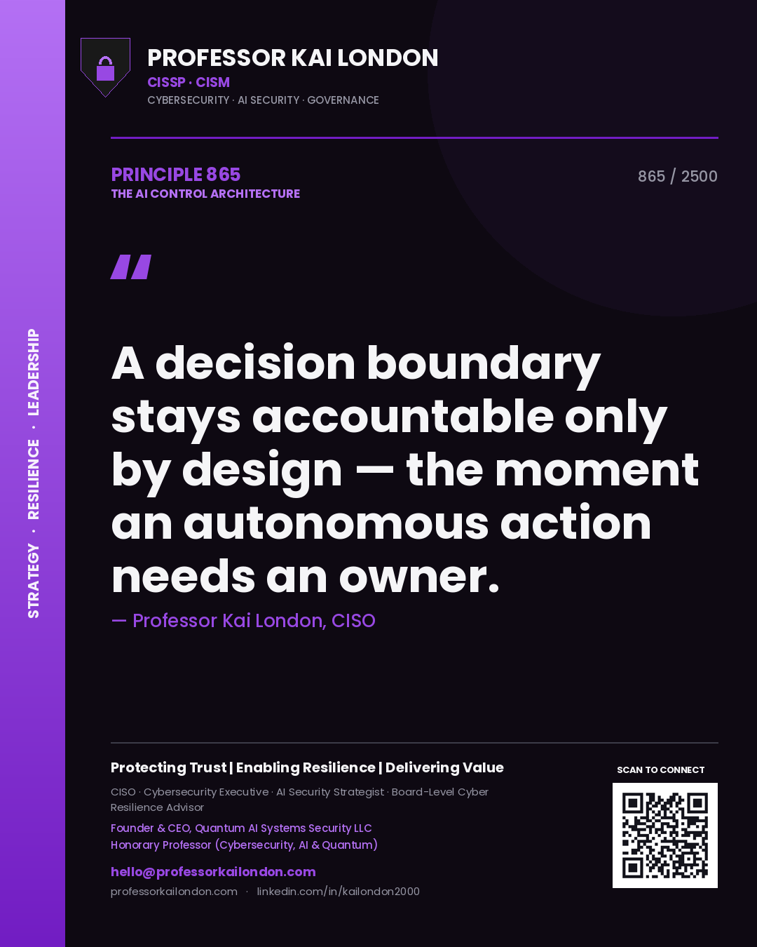 Quote card by Professor Kai London reading 'A decision boundary stays accountable only by design — the moment an autonomous action needs an owner.'. From the book The AI Control Architecture.